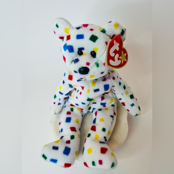 🧸Ty Beanie Baby “TY 2K” 2000 White Confetti Bear Plush - Colorful Spot Pattern - Picture 2 of 6